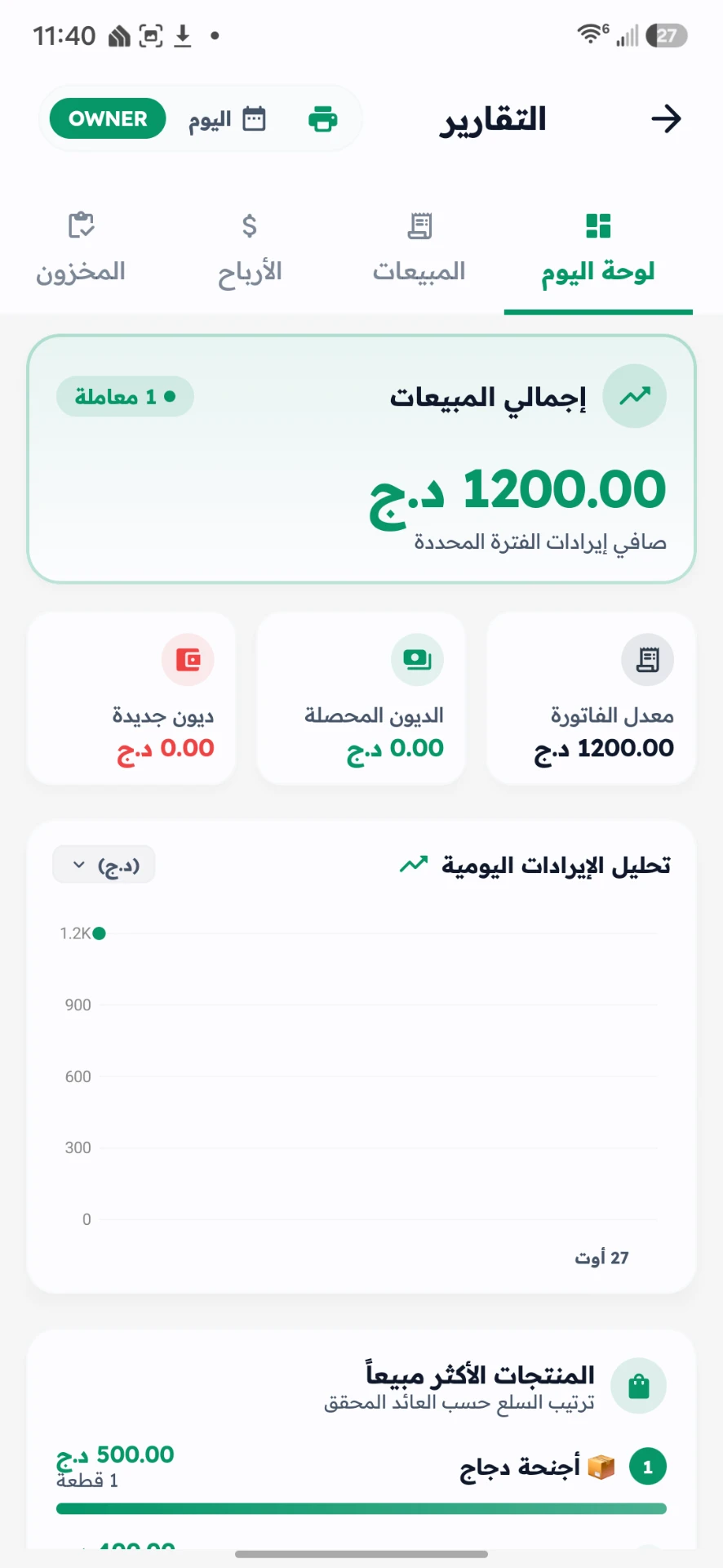 لوحة تقارير اليوم في تطبيق DZPOS